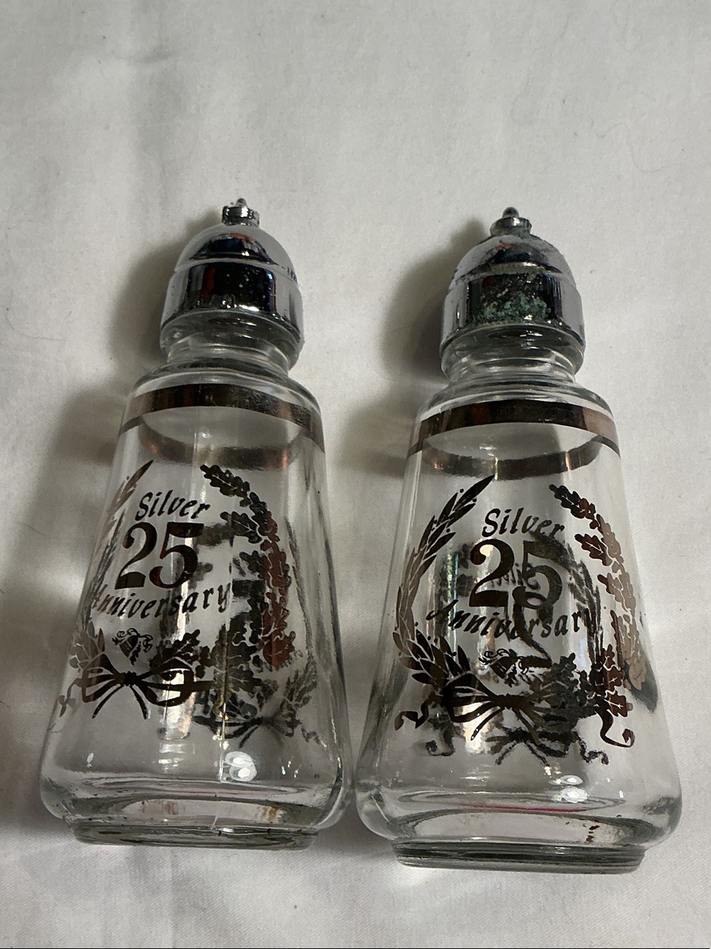 Vintage Silver 25 Anniversary Glass Salt Shaker with Metallic Accents